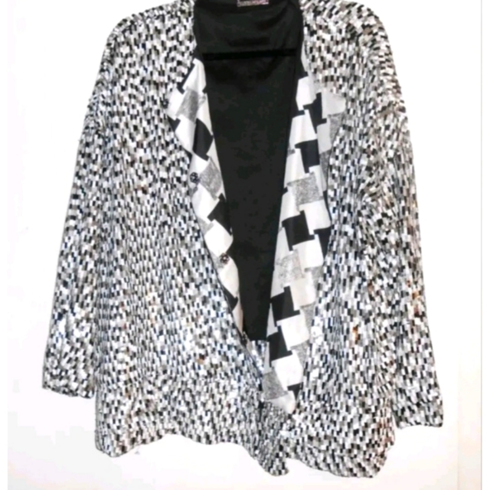 Diane Von Furstenberg Sequin Blazer Black White Gray Jacket Medium Marx Tweed